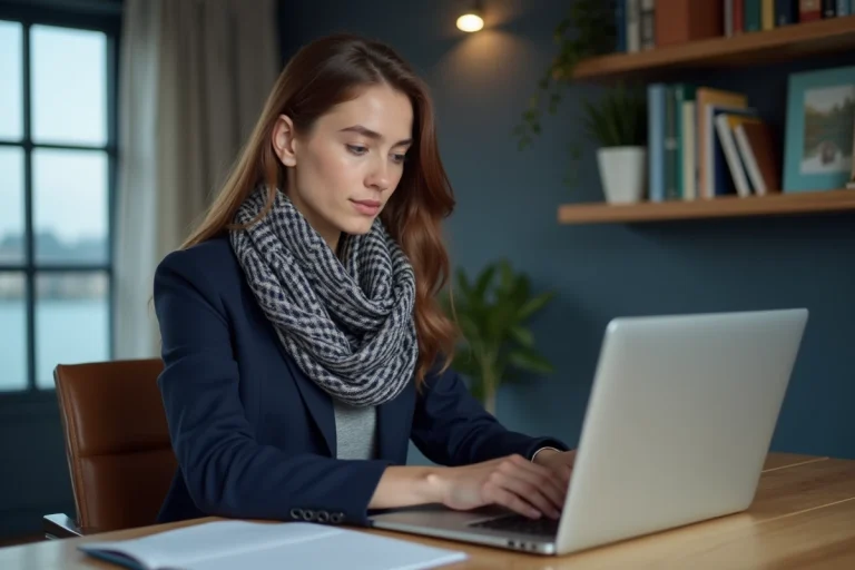 Jeune femme bretonne au bureau avec ordinateur et art local