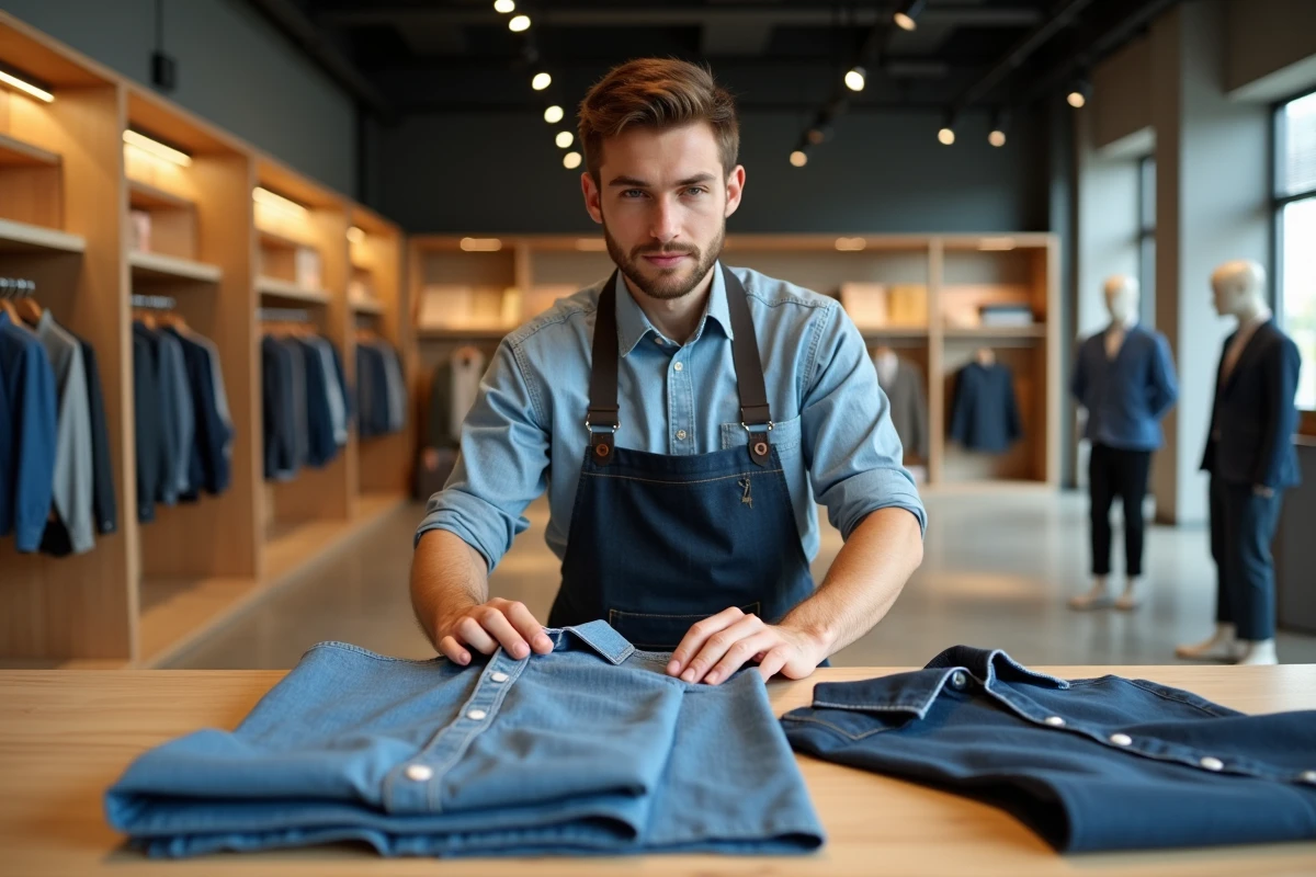 Jeune homme pliant des vêtements dans un magasin de mode