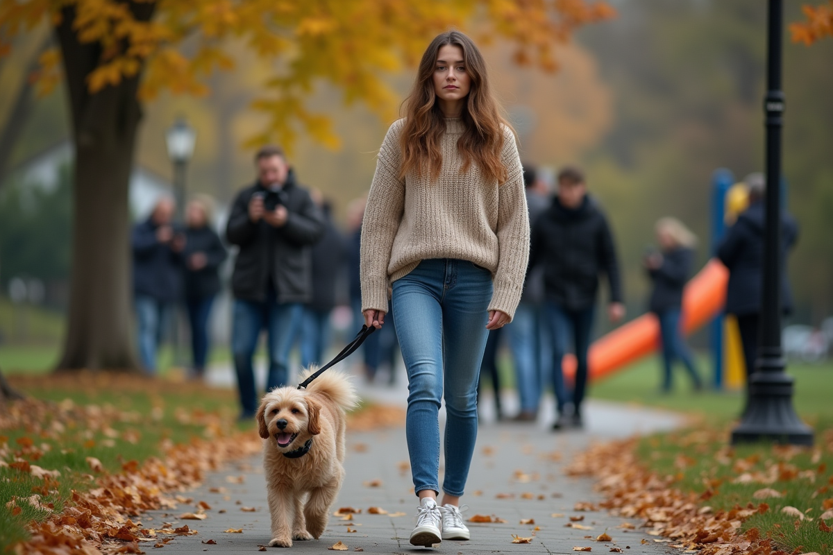 Jeune femme avec chien dans un parc suburbain