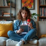 Jeune femme stylée avec figurine et tablette dans salon