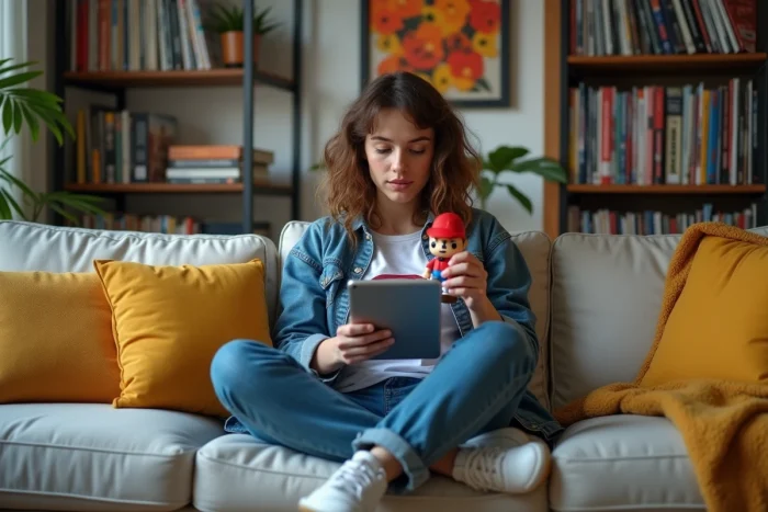 Jeune femme stylée avec figurine et tablette dans salon
