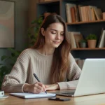 Jeune femme concentrée travaillant à son bureau à domicile