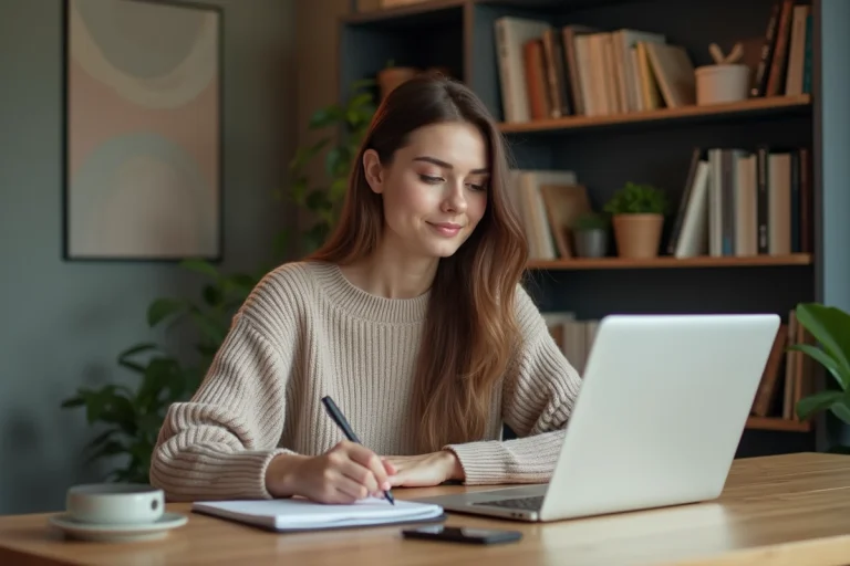 Jeune femme concentrée travaillant à son bureau à domicile