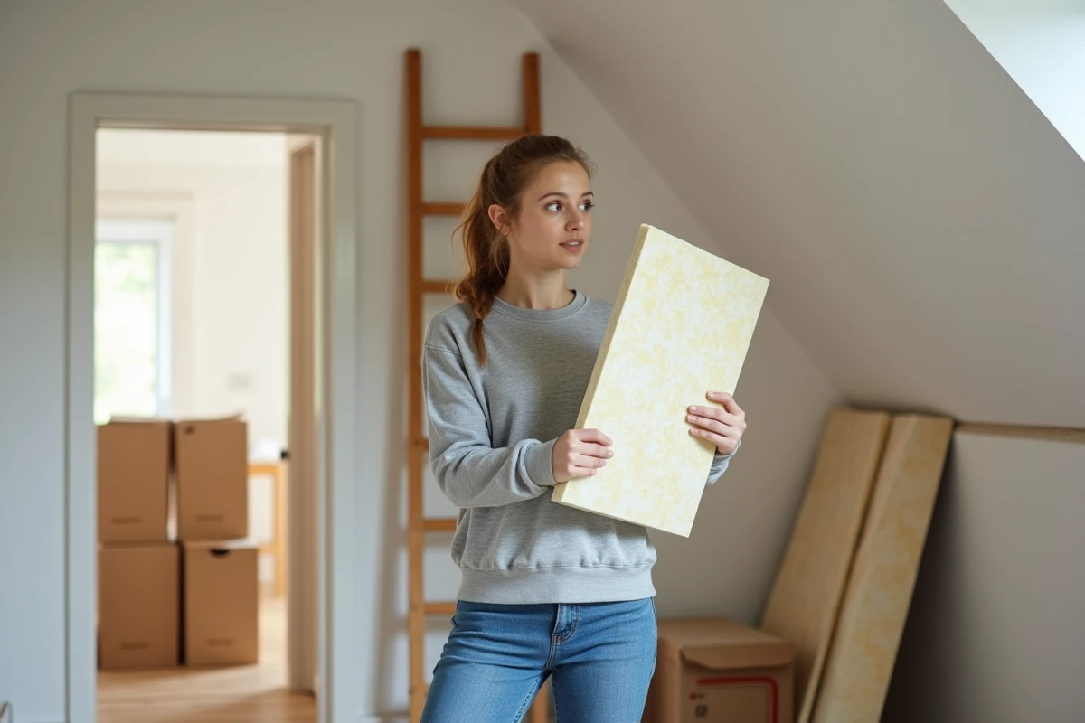 Femme tenant un panneau d isolation en foam dans un couloir lumineux