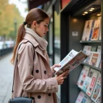 Jeune femme dans un kiosque à Paris feuilletant un magazine culturel