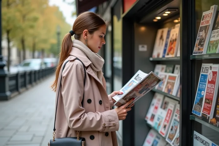 Jeune femme dans un kiosque à Paris feuilletant un magazine culturel