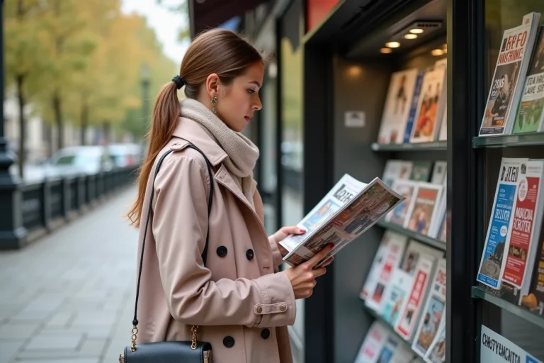 Jeune femme dans un kiosque à Paris feuilletant un magazine culturel
