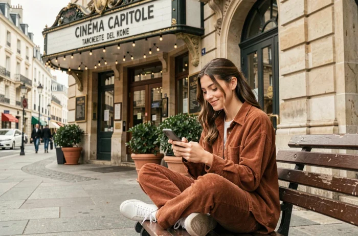 Jeune femme consultant le plan du site Cinéma Capitole sur son smartphone devant la façade d'un cinéma français classique