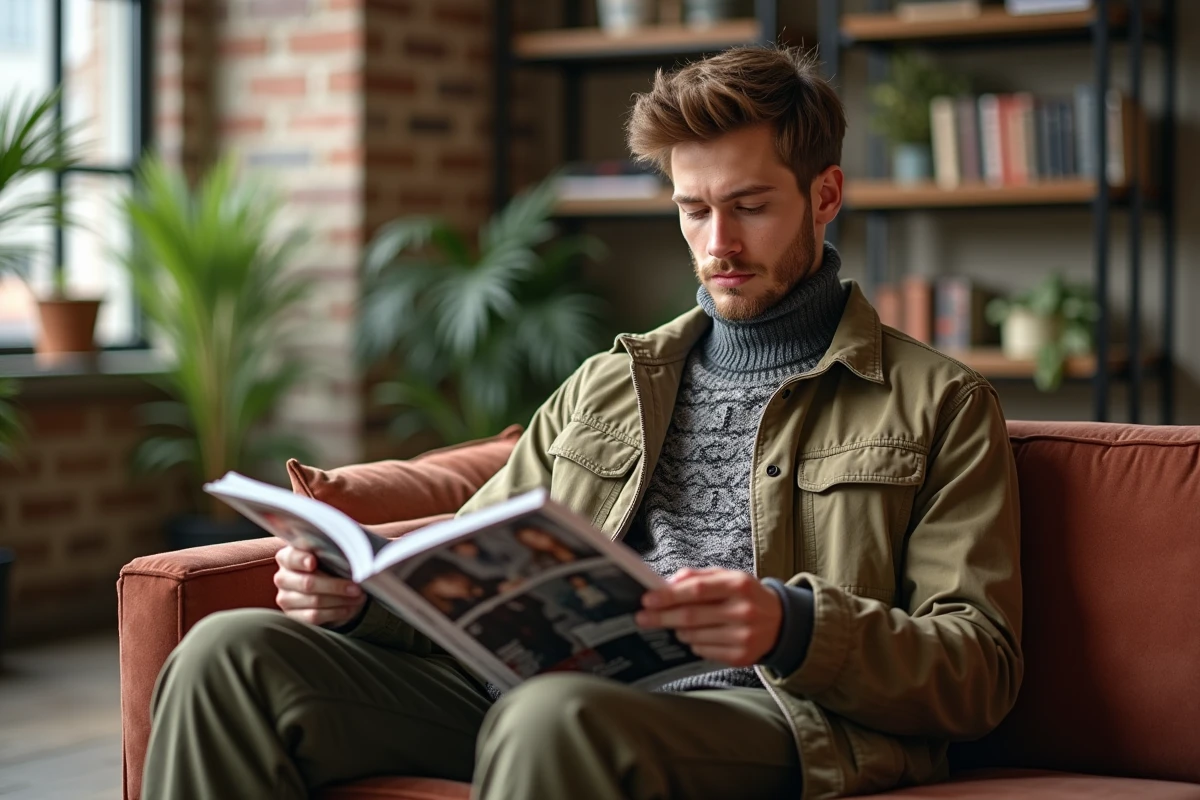 Jeune homme en sofa lisant un magazine de mode dans un loft