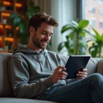 Jeune homme regardant une tablette dans un salon cosy