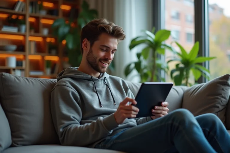 Jeune homme regardant une tablette dans un salon cosy