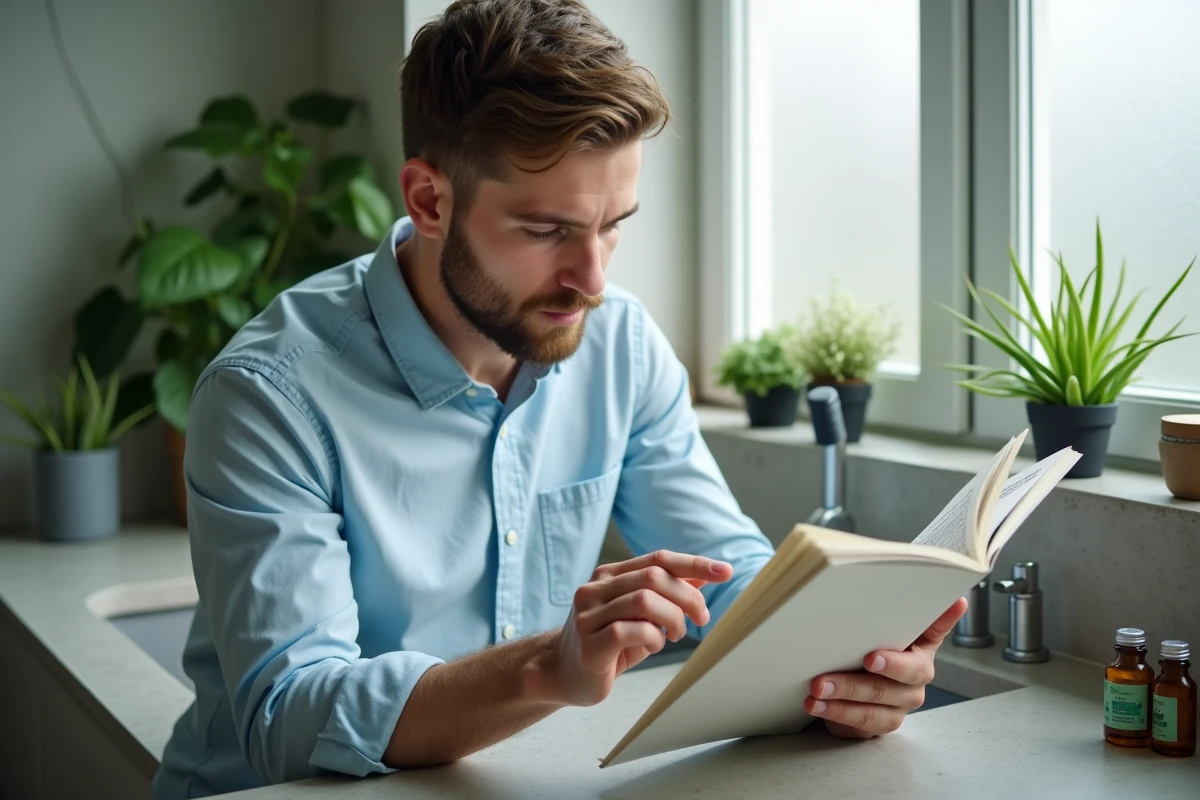 Jeune homme examinant une verrue avec un guide de remèdes naturels