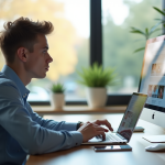 Jeune professionnel travaillant sur un bureau lumineux avec un ordinateur portable