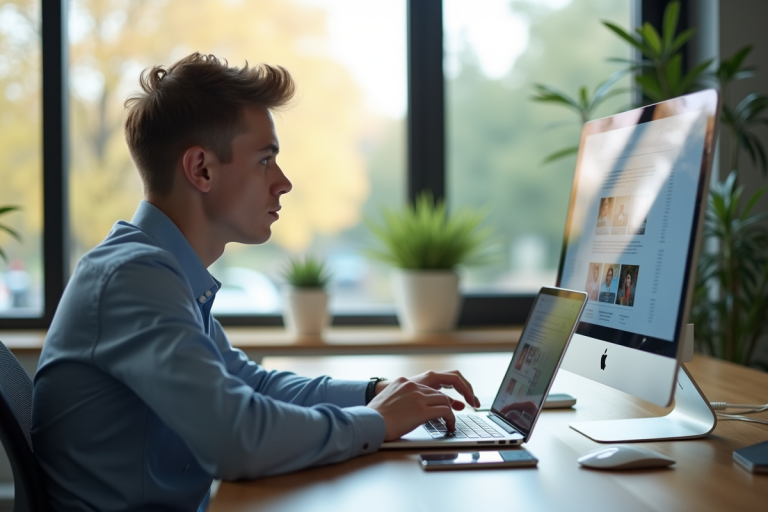 Jeune professionnel travaillant sur un bureau lumineux avec un ordinateur portable