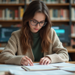 Jeune chercheuse en bibliothèque universitaire lisant des revues