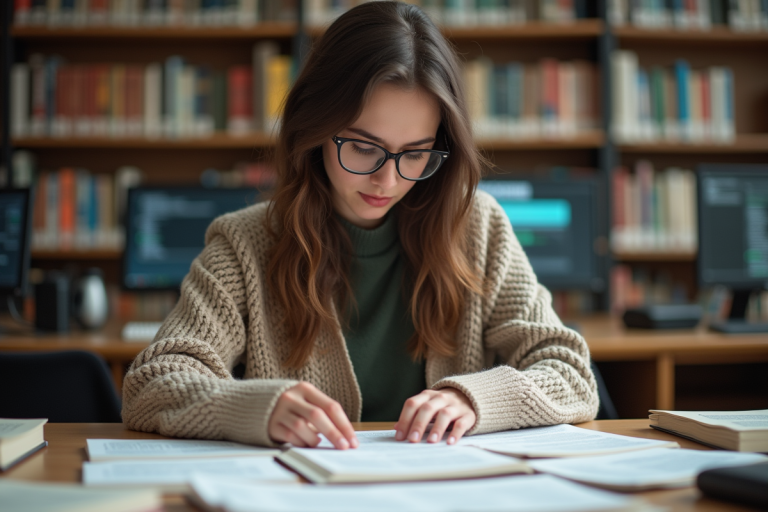 Jeune chercheuse en bibliothèque universitaire lisant des revues