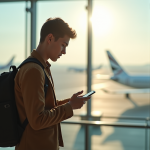 Jeune voyageur à l'aéroport vérifiant les prix des vols sur son smartphone