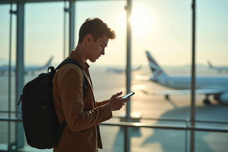 Jeune voyageur à l'aéroport vérifiant les prix des vols sur son smartphone