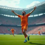 Joueur de football professionnel célébrant un but dans un grand stade comble, expression d'euphorie, maillot d'équipe coloré, vue en contre-plongée dynamique