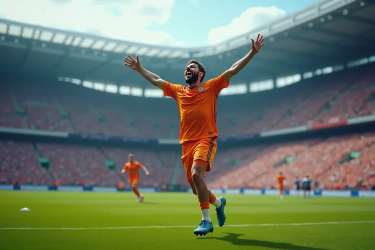 Joueur de football professionnel célébrant un but dans un grand stade comble, expression d'euphorie, maillot d'équipe coloré, vue en contre-plongée dynamique