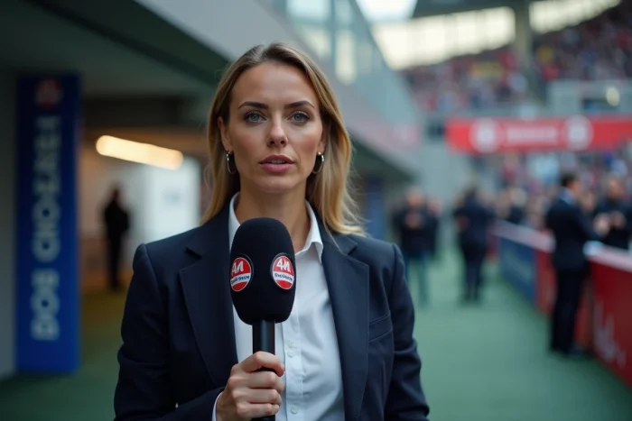 Journaliste sportive professionnelle tenant un microphone en zone mixte d'un stade, ambiance reportage télévisé, bannières de sponsors en arrière-plan flou