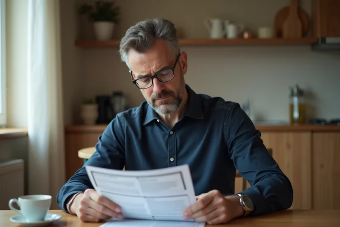 Homme lisant attentivement un document officiel de l'assurance maladie sur les maladies en ALD à son domicile