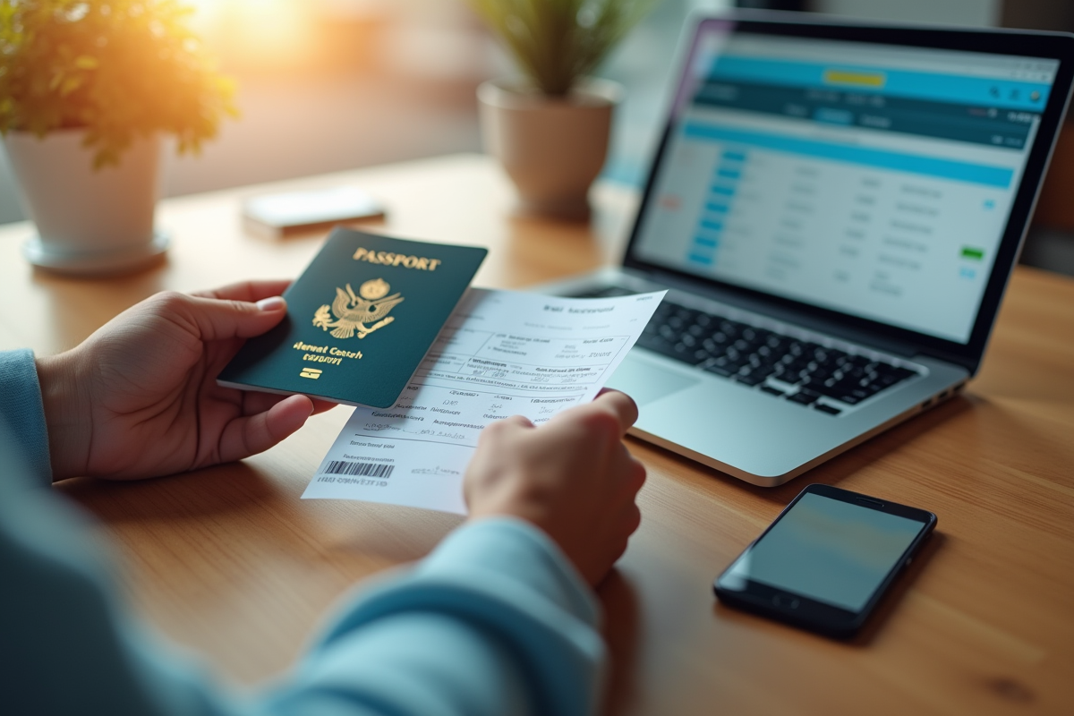 Mains tenant un passeport et un ordinateur portable avec résultats de recherche de vol