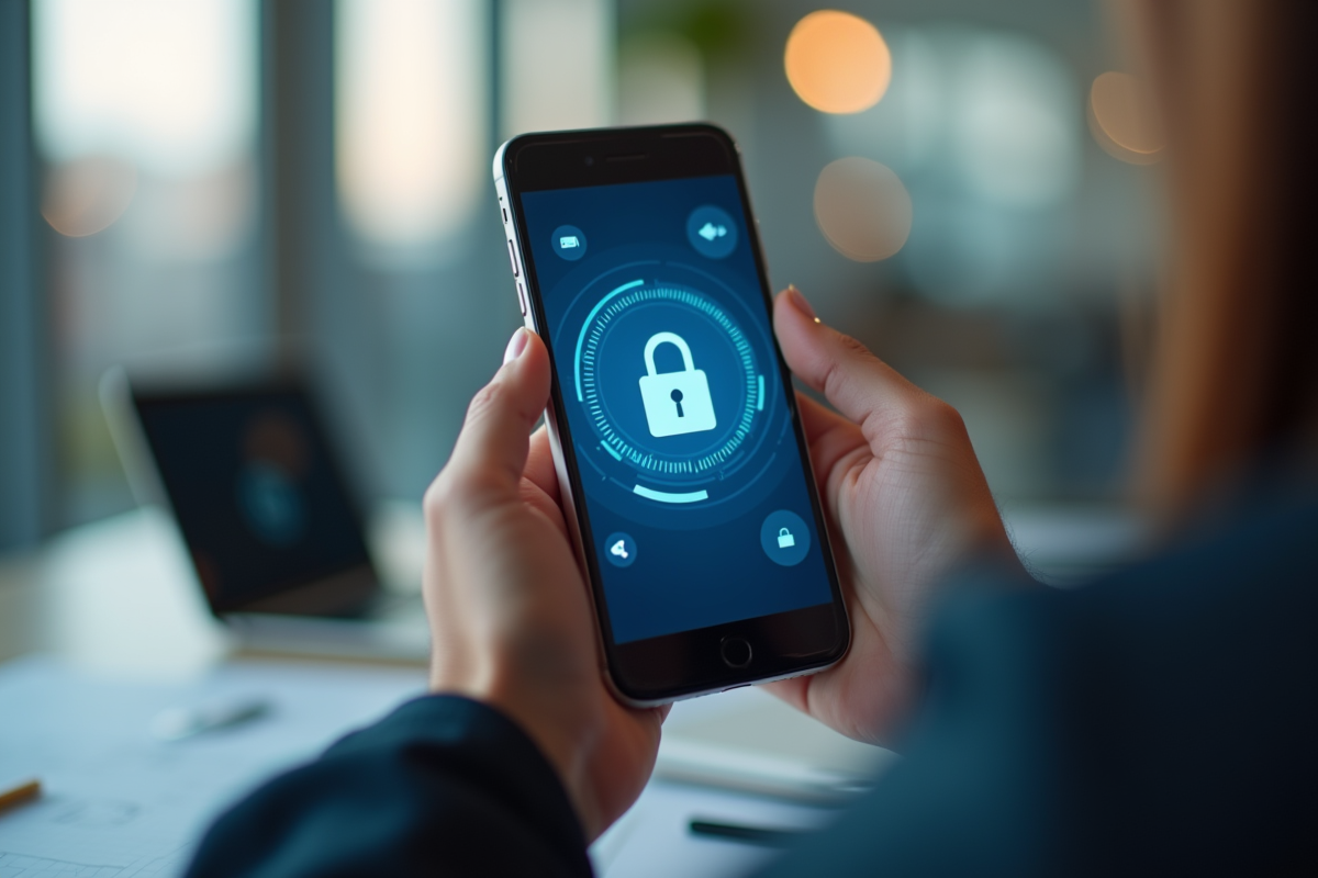Mains tenant un smartphone affichant une application de messagerie sécurisée