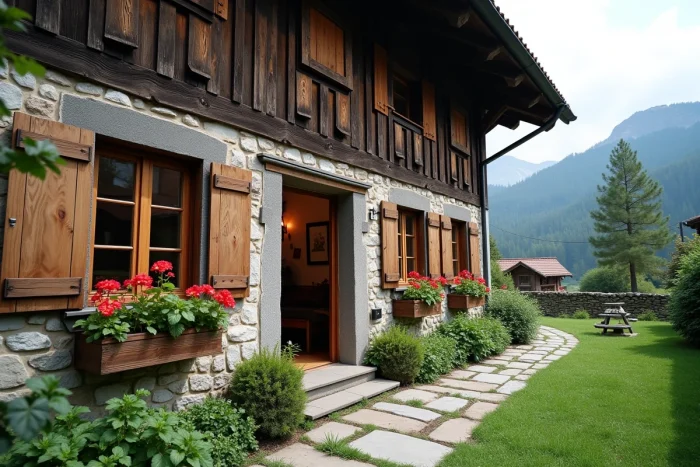 Maison familiale traditionnelle alpine en Tyrol du Sud avec façade en pierre et boiseries, représentant les origines familiales et culturelles de la région natale de Jannik Sinner