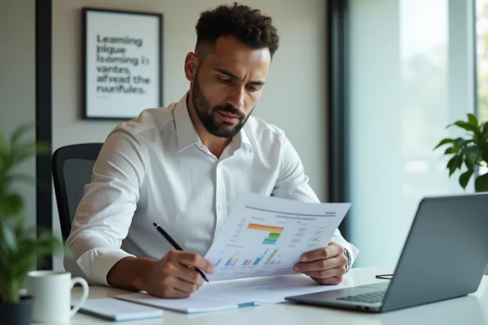 Manager analysant un document d'évaluation ADKAR à son bureau dans un environnement de travail professionnel