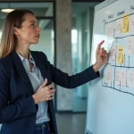 Femme manager présentant la méthode ADKAR sur un tableau blanc dans un bureau d'entreprise moderne
