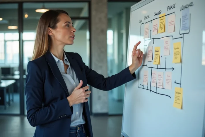 Femme manager présentant la méthode ADKAR sur un tableau blanc dans un bureau d'entreprise moderne