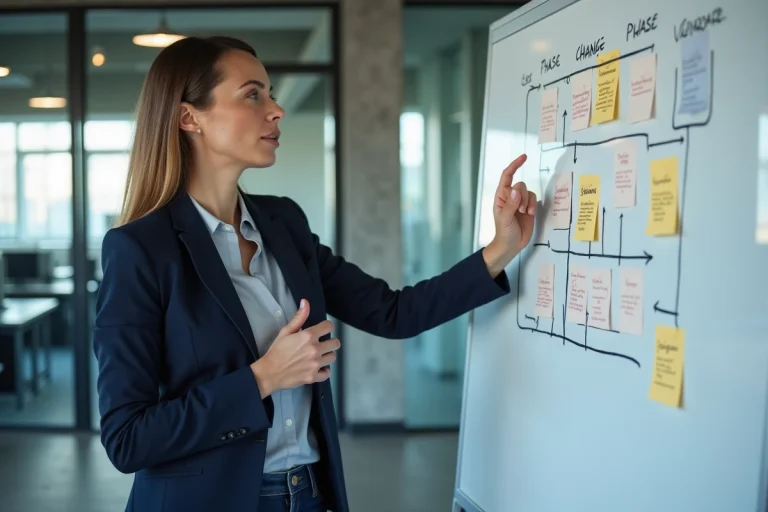 Femme manager présentant la méthode ADKAR sur un tableau blanc dans un bureau d'entreprise moderne