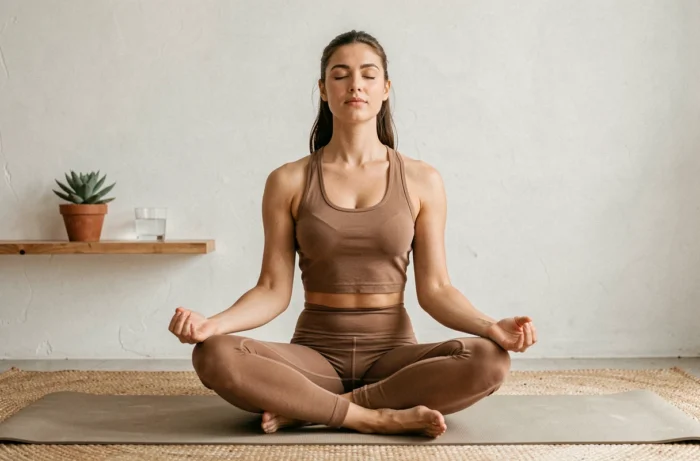 Femme pratiquant la méditation et le yoga chez elle pour soutenir une démarche minceur durable et saine