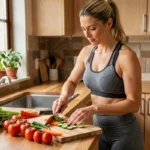 Femme préparant un repas équilibré et sain dans une cuisine moderne pour perdre du poids durablement