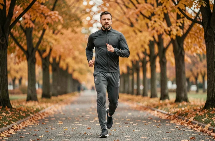 Homme qui court dans un parc en automne dans le cadre d'une méthode minceur efficace et durable