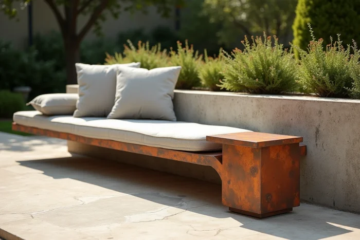 Mobilier de jardin fixe composé d'un banc en béton fibré et d'une table d'appoint en acier Corten patiné rouille