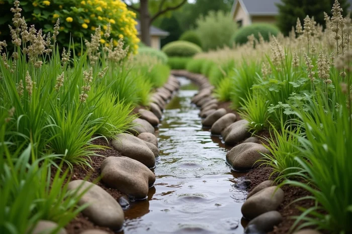 Noue paysagère végétalisée avec laîches et joncs pour gérer le ruissellement des eaux pluviales en bordure de jardin