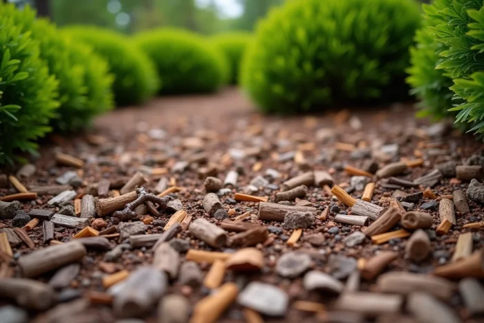 Paillage minéral et organique composé de copeaux de bois et graviers autour de plantes arbustives pour réduire l'arrosage au jardin