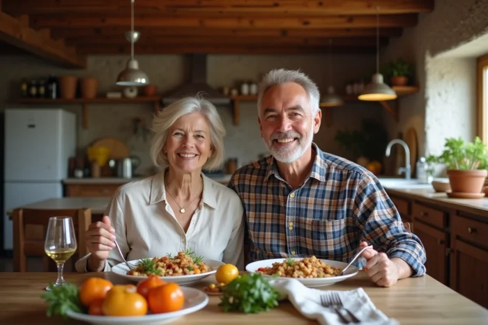 Couple de parents italiens attablés dans une cuisine alpine traditionnelle, symbolisant les valeurs familiales et les origines culturelles qui ont façonné l'éducation de Jannik Sinner