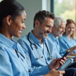 Groupe de patients utilisant une plateforme santé numérique sur tablettes