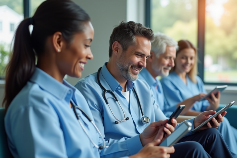 Groupe de patients utilisant une plateforme santé numérique sur tablettes