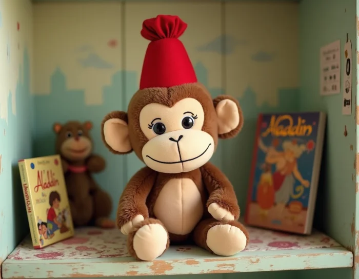 Peluche du singe Abu avec fez rouge sur une étagère d'enfant entourée de livres Disney Aladdin