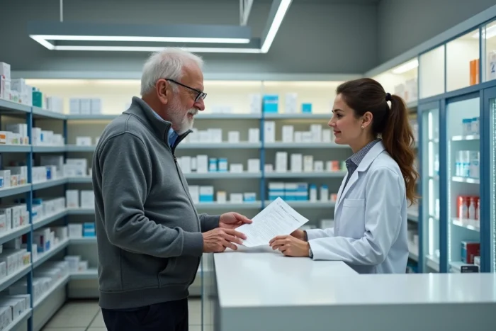 Personne âgée remettant une ordonnance longue durée à un pharmacien dans le cadre d'une ALD