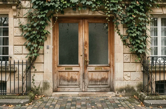 Portes en bois fermées d'une maison française traditionnelle symbolisant le mystère et la protection de la vie privée d'une personnalité publique