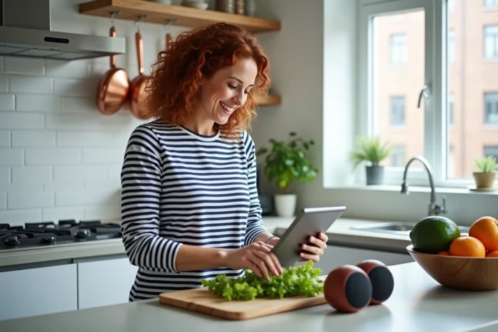 Femme écoutant la radio Com FM en streaming sur une tablette dans une cuisine moderne avec enceinte Bluetooth