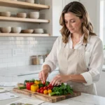 Femme préparant des légumes frais et colorés sur une planche en bois dans une cuisine moderne pour des recettes légères