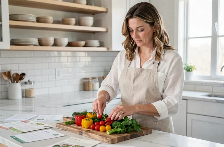 Femme préparant des légumes frais et colorés sur une planche en bois dans une cuisine moderne pour des recettes légères