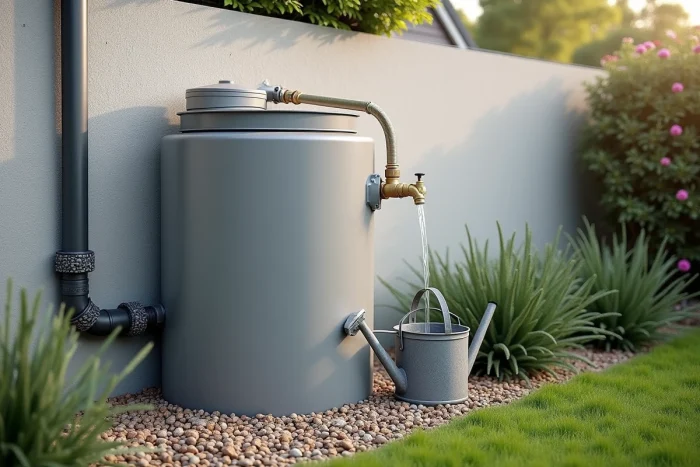Récupérateur d'eau de pluie intégré contre un mur de jardin avec raccordement à la gouttière et robinet de puisage