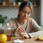 Femme appliquant un remède naturel sur une verrue sur sa main